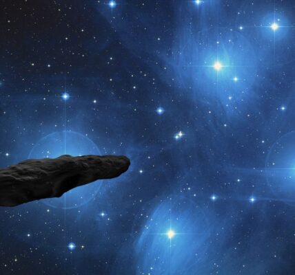 An illustration of an oblong asteroid floating through space with blue shining stars