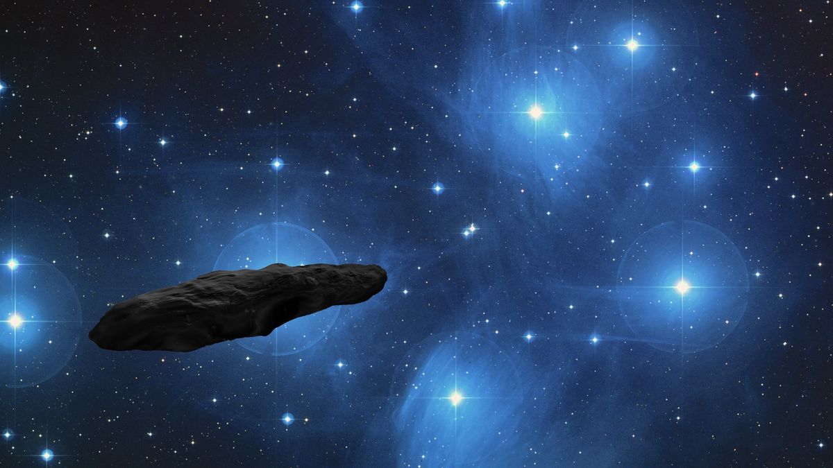 An illustration of an oblong asteroid floating through space with blue shining stars